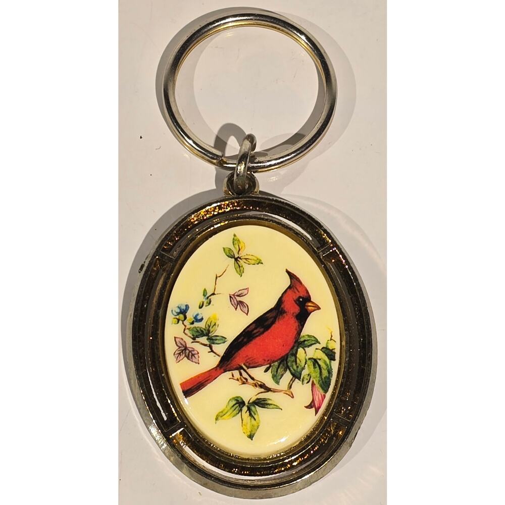 Cardinal Bird Keychain Oval Lucite Charm Silver Tone Key Ring